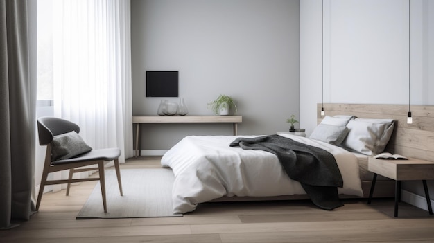 Bedroom decor home interior design Contemporary Minimal style with Bed decorated with Upholstery and Wood material Generative AI AIG26