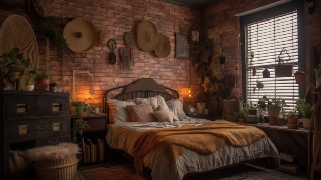 Bedroom decor home interior design Industrial Bohemian style with Wall decor decorated with Brick and Wicker material Generative AI AIG26