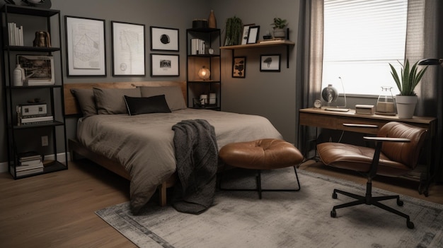 Bedroom decor home interior design Industrial MidCentury Modern style