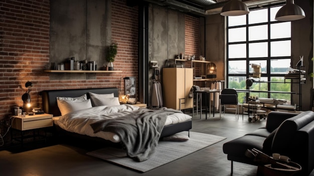 Bedroom decor home interior design Industrial Minimalist style