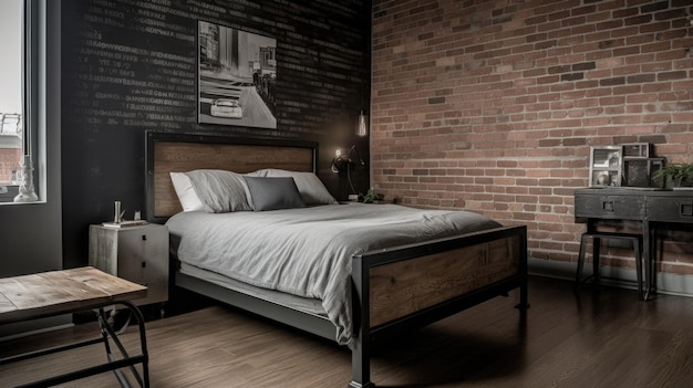 Foto arredamento camera da letto home interior design stile urbano industriale con muro di mattoni a vista decorato con materiale in cemento e metallo generative ai aig26