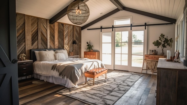 Bedroom decor home interior design modern farmhouse industrial style with barn doors decorated with wood and metal material generative ai aig26