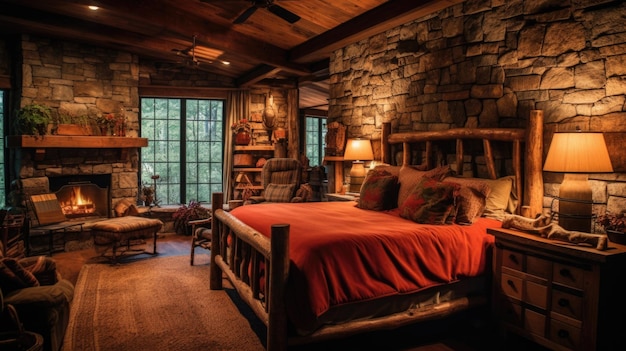 Bedroom decor home interior design Rustic Country style with Stone Fireplace decorated with Wood and Stone material Generative AI AIG26