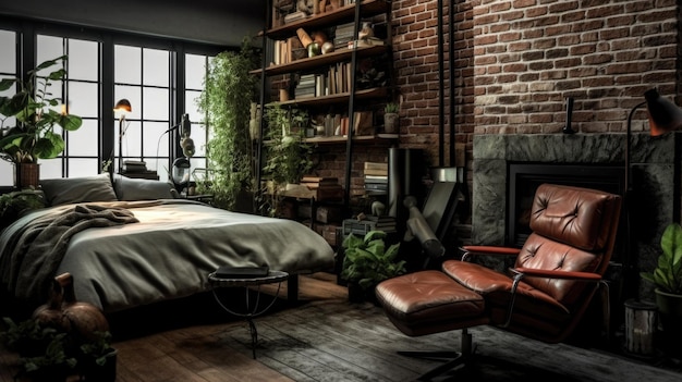 Bedroom decor home interior design Rustic Industrial style with Fireplace decorated with Brick and Metal material Generative AI AIG26