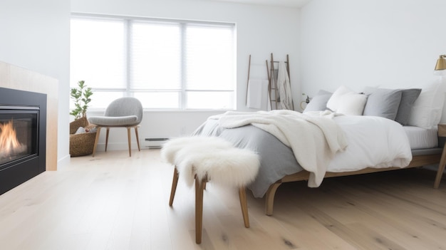 Bedroom decor home interior design Scandinavian Minimalist style with Fireplace decorated with Light Wood and White material Generative AI AIG26