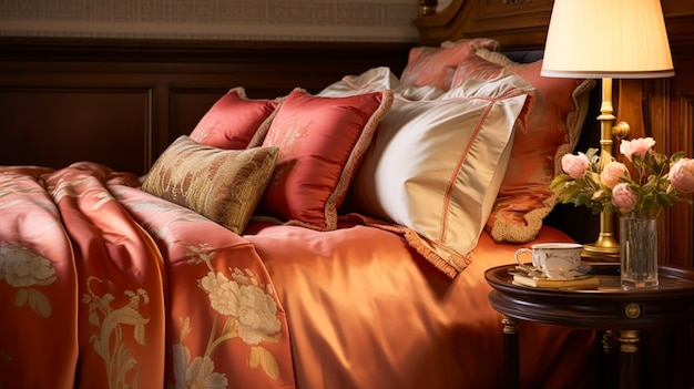 Bedroom decor interior design and autumnal home decor bed with silk satin bedding bespoke furniture and autumn decoration English country house holiday rental and cottage style idea