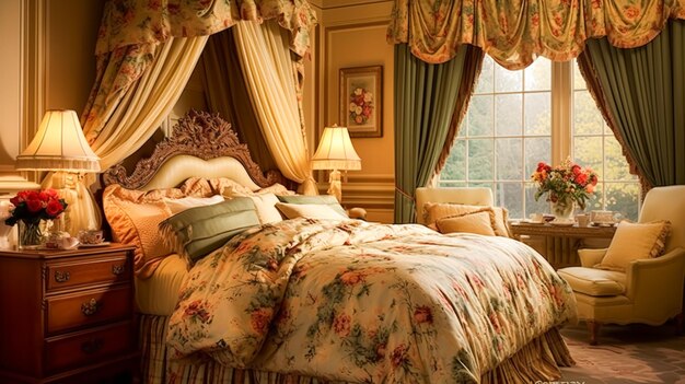 ベッドルームのインテリアデザインと秋の家具 ベッドとシルク サテン ベッド オーダーメイド 家具と秋の装飾 イギリスのカントリーハウス ホリデーレンタルとコテージスタイルのアイデア