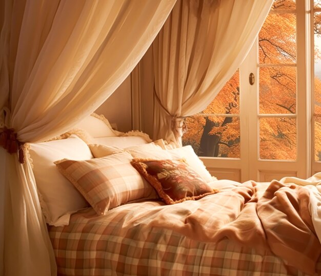 ベッドルームのインテリアデザインと秋の家具 ベッドとシルク サテン ベッド オーダーメイドの家具と秋の装飾 イギリスのカントリーハウス 休日レンタルとコテージスタイル