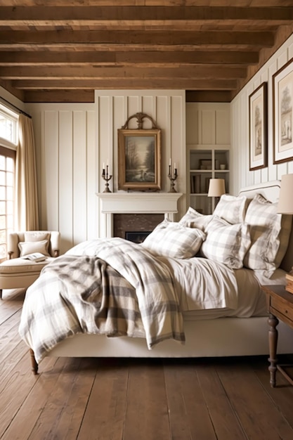 Дизайн интерьера спальни и аренда классической кровати на время отпуска с элегантным плюшевым постельным бельем и мебелью. Идея в стиле английского загородного дома и коттеджа.