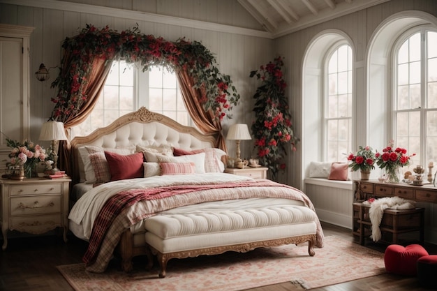 写真 赤いバラと心の形の風船でファームハウスのバレンタインデーのベッドルームの装飾