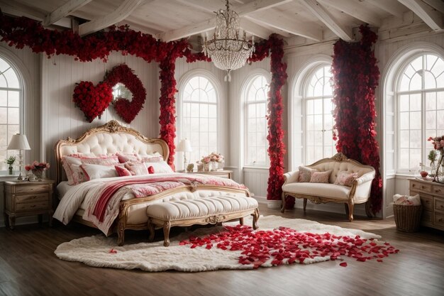 Decorazione della camera da letto per il giorno di san valentino in fattoria con rose rosse e palloncino a forma di cuore