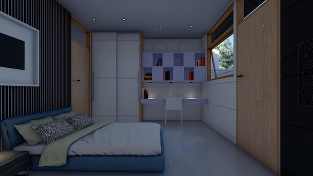 Ispirazione per interni di design della camera da letto con armadio e scrivania illustrazione 3d