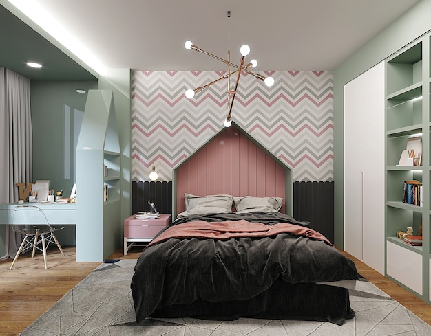Design della camera da letto con letto con cuscini e copriletto rosa-nero
