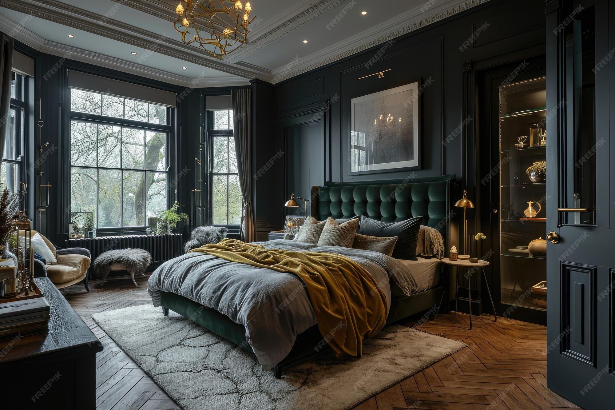 Premium Photo Bedroom design with classic British interior decoration