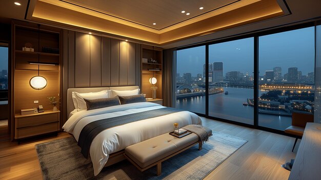 Bedroom in the evening light surrounded by gentle glow and warm ambiance for relaxation