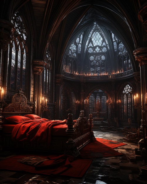 Bedroom of a evil castle in black and red blood vampire room vampire castle