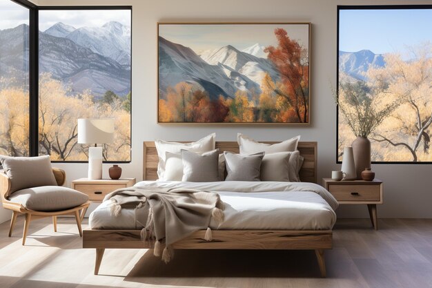 写真 麗でシンプルなデザインの広大なベッドと やかなエレガントなベッドを備えた寝室