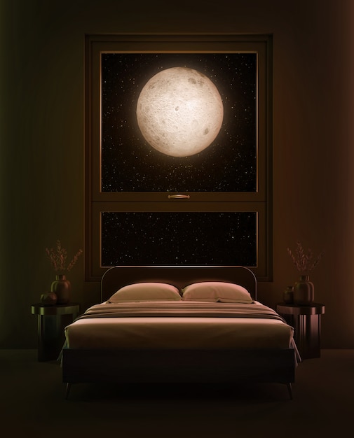 Bedroom in the full moon night with moonlight drop through