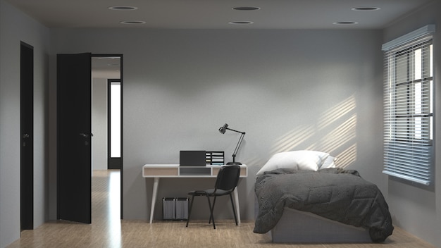 Bedroom has a working desk 3d illustration and sunlit concept,clean modern apartment.