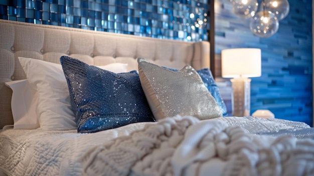 寝室のヘッドボードはミッドナイトブルーのガラスのタイルで作られたステートメントピースです