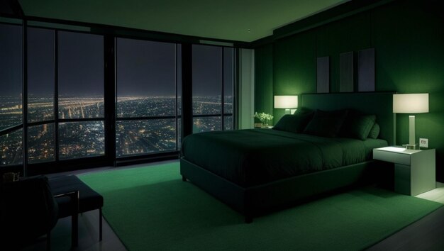 bedroom images with green lamp light and beautiful city view from window