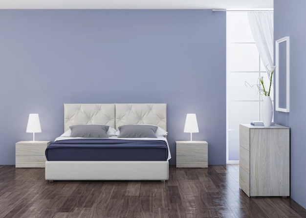 침실 인테리어 디자인입니다. 블루 톤의 침실. 3D 렌더링.