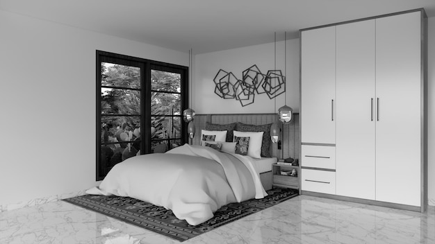 Foto interior design della camera da letto in bianco e nero o monocromatico