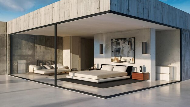 Bedroom interior design concept idea and concrete wall texture background3d rendering