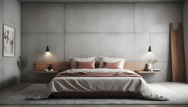 寝室のインテリアデザインのコンセプトアイデアとコンクリートの壁のテクスチャの背景