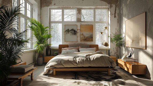 Bedroom interior design minimal aesthetic 3d rendered
