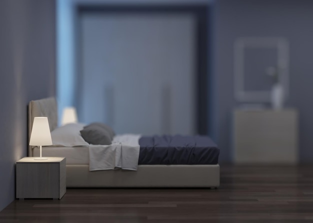 Bedroom interior design. Night lighting. 3D rendering.