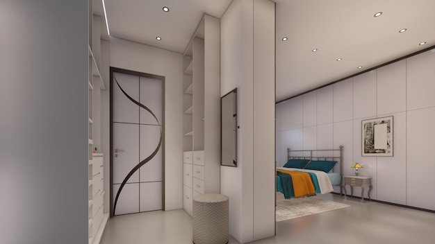 Bedroom interior design with mock up picture stool and wardrobe\
3d illustration