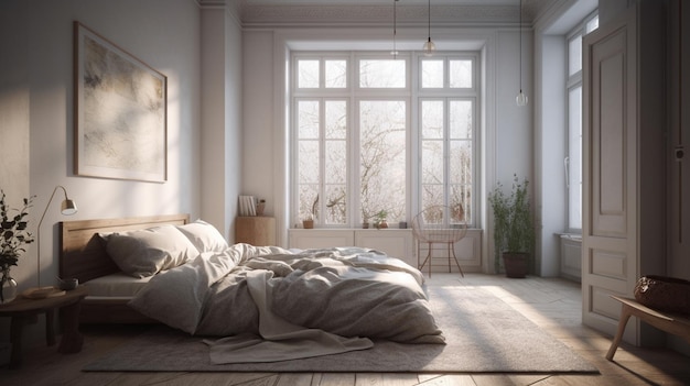 дизайн интерьера спальни с белыми стенами и деревянным полом