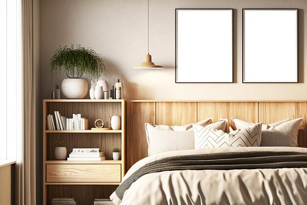 Bedroom interior mockup in beige colors with wooden furniture Generative AI illustration