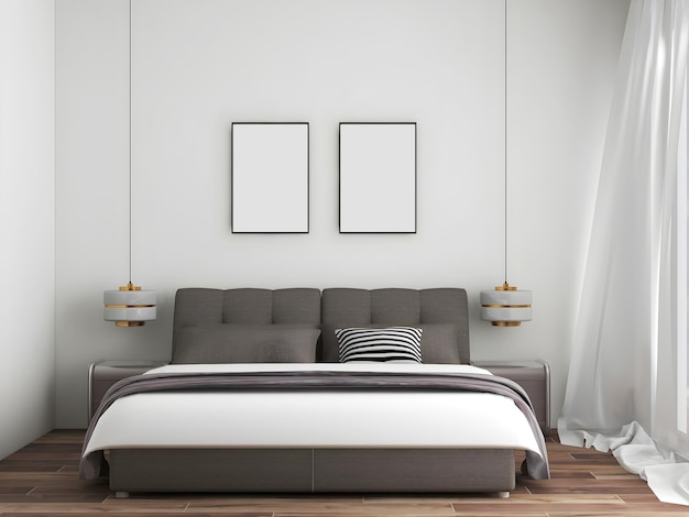 Bedroom interior mockup with 2 blank frames and 2 hanging lamps