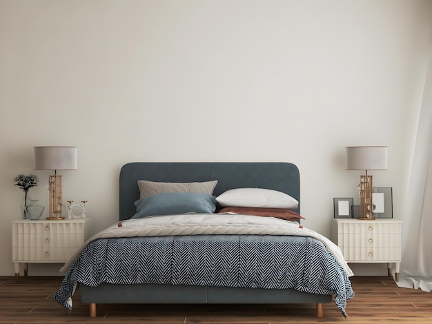 Bedroom interior mockup with blue bed and white table bed