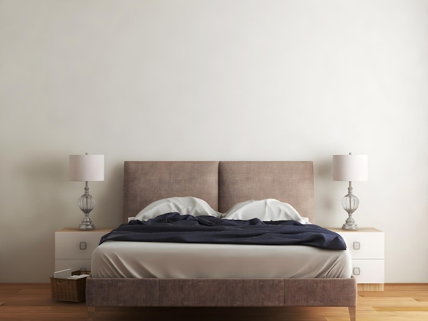 Bedroom interior mockup with brown headboard