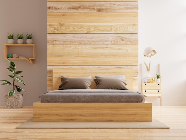 Bedroom interior mockup with dark bed on empty wooden wall background.3d rendering