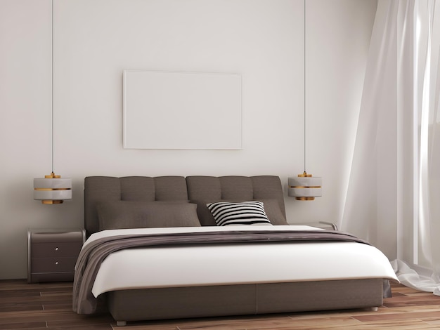 Bedroom interior mockup with gray bed and 2 hanging lamp and 1 blank frame