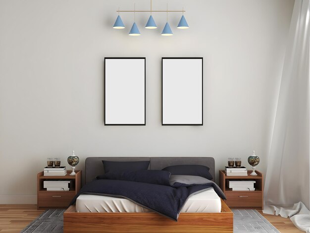 Bedroom interior mockup with navy bedding and 2 frames