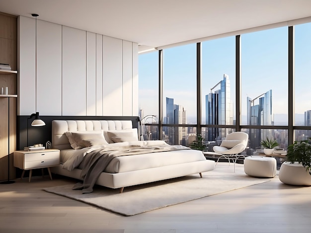 Bedroom interior in modern apartment with city view