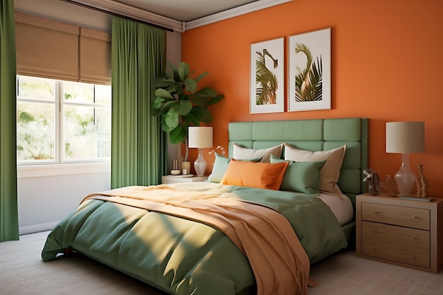 Bedroom interior in orange and green khaki colors