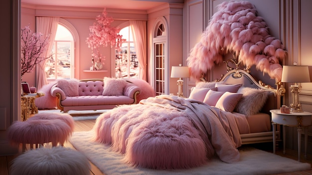 Photo bedroom interior in pink tones