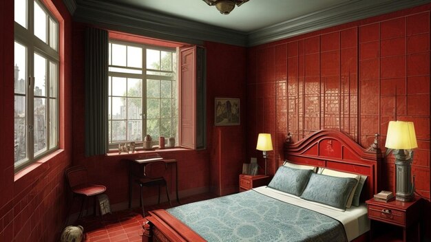 Photo bedroom interior red tile