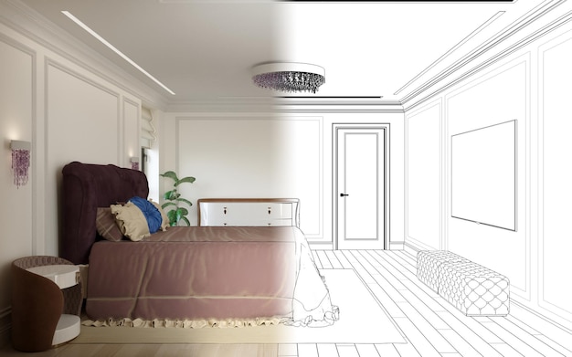 寝室、インテリアの視覚化、3Dイラスト