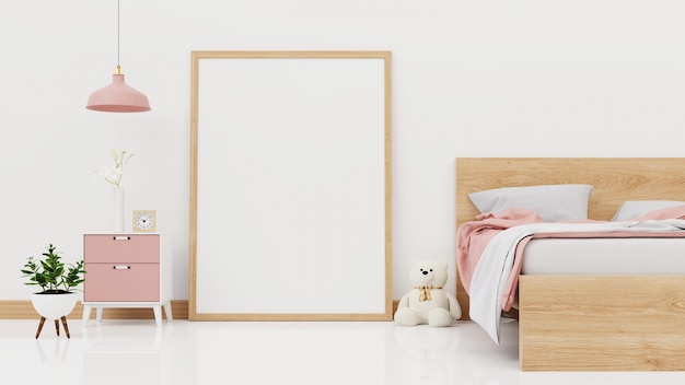 빈 흰색 벽에 unmade 침대, 분홍색 격자 무늬, 녹색 식물 및 램프와 침실 인테리어 벽. 3D 렌더링