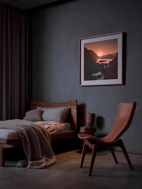 肘掛け椅子と壁に絵が飾られた寝室のインテリア