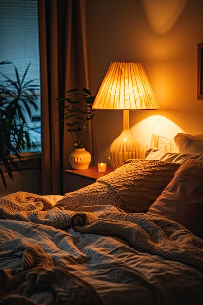 Bedroom interior with bed lamp and plants Evening light