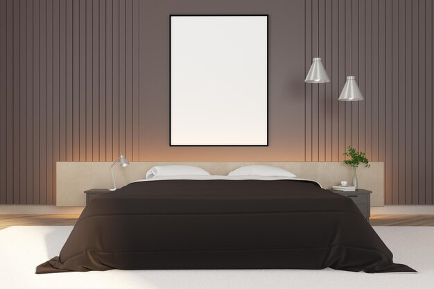 Bedroom interior with blank poster on wall