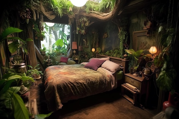 Bedroom interior with fantastic plants and jungle inside Travel dreams Generative AI illustration